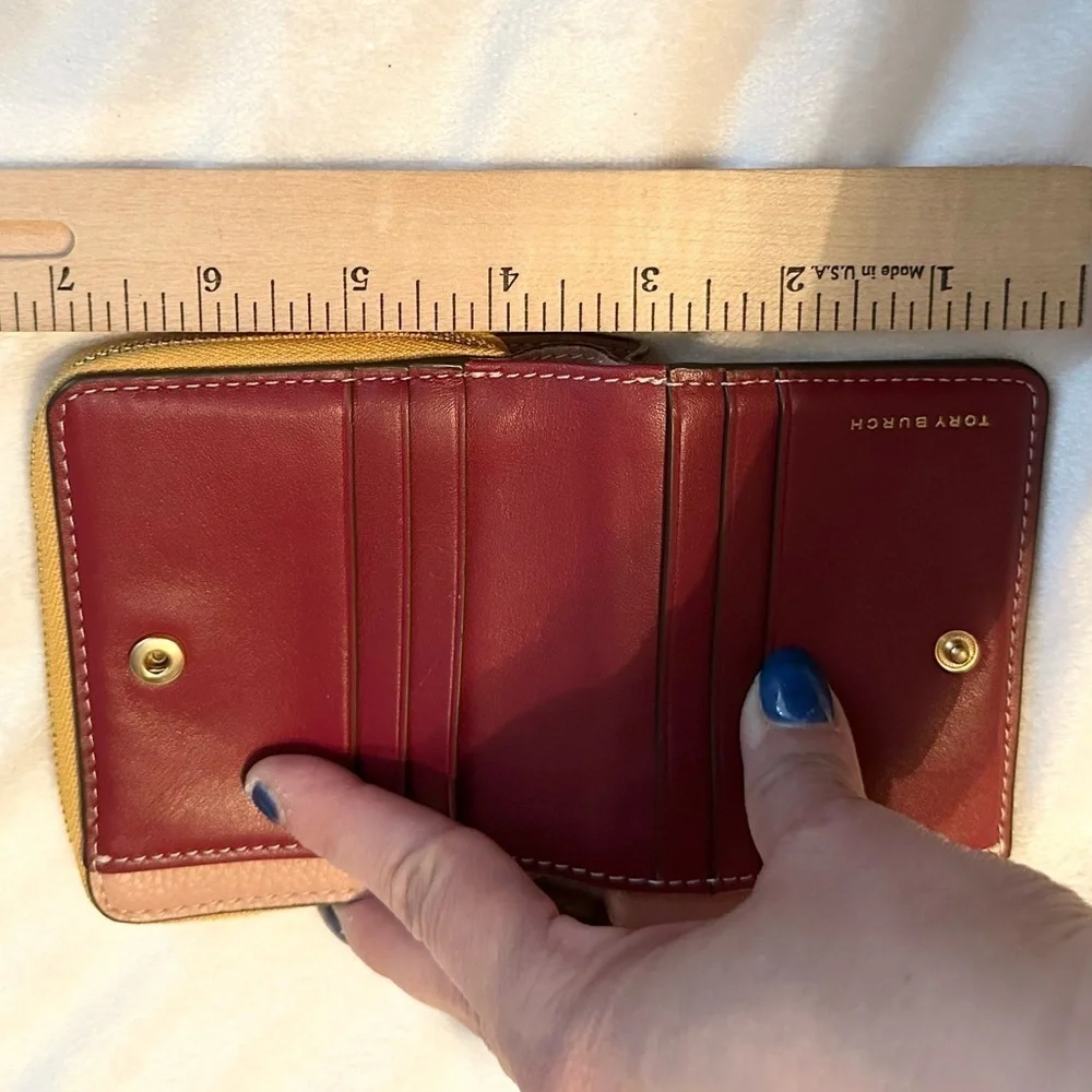 Tory Burch Perry Color Block Bifold Pebbled Leather Wallet pink yellow brown red
